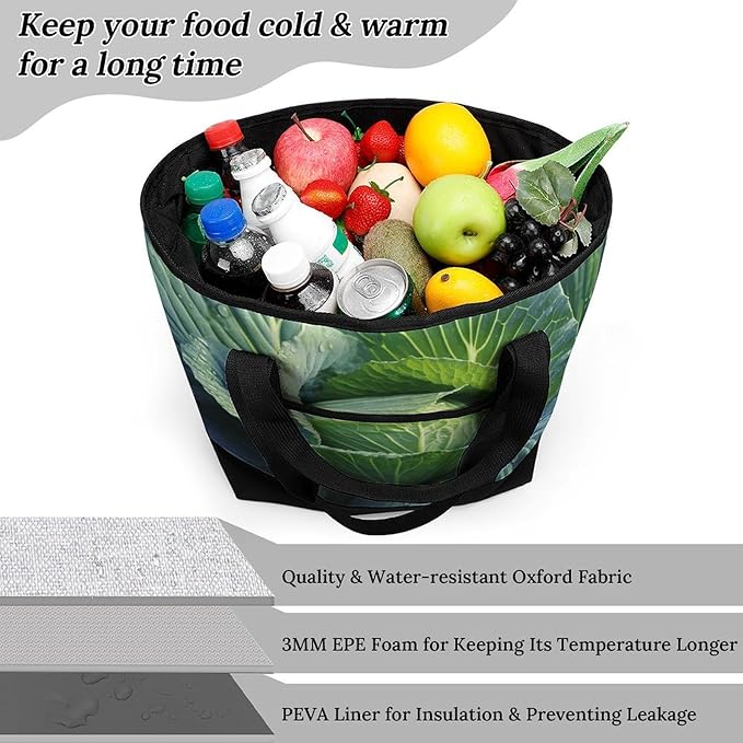 Insulated Shopping BagLarge Reusable Cooler Bags Bright Cabbage Printed Foldable Shopping BagTravel Waterproof Shoulder Bag