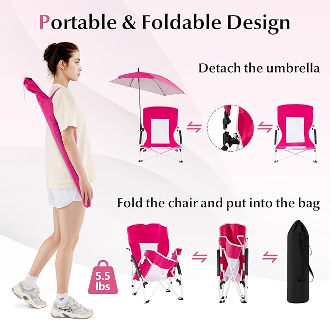 Goplus Beach Chair with Umbrella 2 Pack 330lbs Folding Backpack Chairs for Adults with Adjustable Parasol Comfy Armrest Breathable Seat Lightweight Portable Low Sand Chair for Lawn Camping