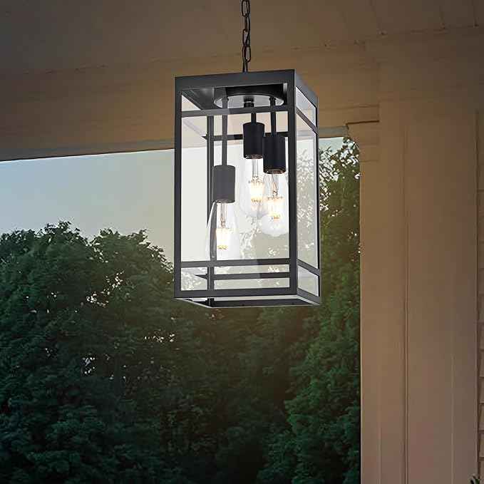 Large Outdoor Pendant Light for Porch Black 3 Lights Outdoor Pendant Light Fixtures Modern Hanging Light Fixture Exterior Chandelier Hanging Lantern for PatioFront Door