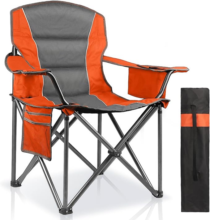 Oversized Padded Camping Chairs for AdultsHeavy Duty Support 400 LbsFolding Portable Lawn Chair w/Cup HolderCooler BagSide PocketPerfect for Outdoor PicnicHiking(Orange)