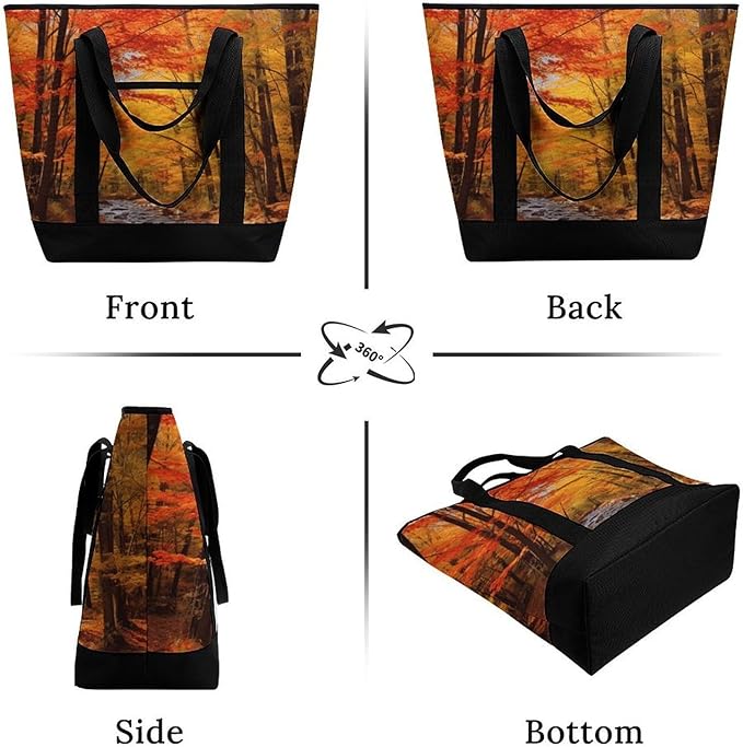 Insulated Shopping BagLarge Reusable Cooler Bags Fall Foliage Printed Foldable Shopping BagTravel Waterproof Shoulder Bag