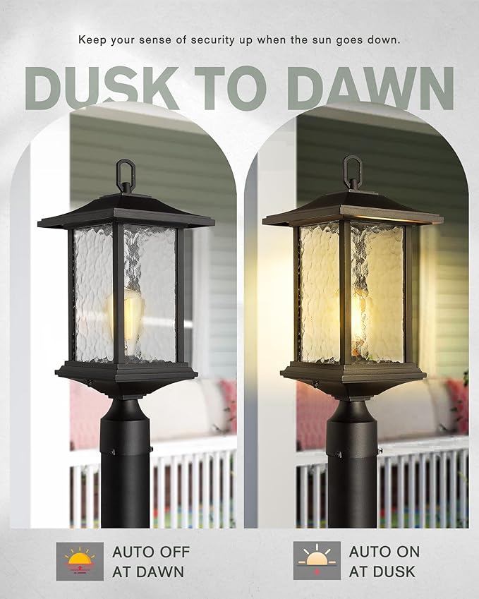 Beionxii Dusk to Dawn Outdoor Post Lights 21inch Large Exterior Lamp Post Light Pier Mount Lantern with Base Black Cast Aluminum w/Water Glass - A272P-2PK (NOT Solar 110-120V AC)