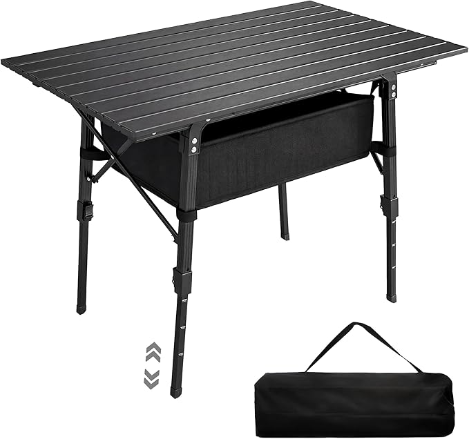 Outsunny 3ft Portable Camping Table with Storage Bag Adjustable Height Aluminum Small Folding Table Lightweight Picnic Table with Carry Bag for Outdoor Picnic BBQ Backyards Beach Black