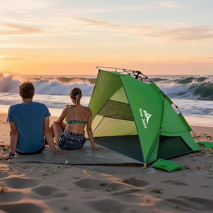 Three Bears Pop Up Beach Tent Sun Shade Shelter for 3-4 Person UPF 50＋ UV Protection Lightweight &amp Easy Setup Beach Shade Canopy Portable Beach Shade Tent Beach Cabana (Green)