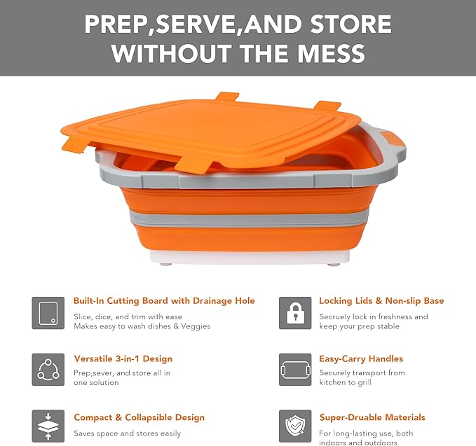 Tiawudi Large Collapsible BBQ Prep Tub with Locking Lid Basket for Meal Prep Marinating Food Storage Plastic Cutting Board(4.22 Gal/16L) Camping Sink with Colander Dish Basin