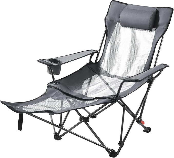 VEVOR Reclining Camping Chair 4 Adjustable Positions Portable Folding Lounger for Adults Mesh Beach Chair with Headrest &amp Foot Rest Supports 220 lbs Heavy Duty Camp Chairs for Patio Gray