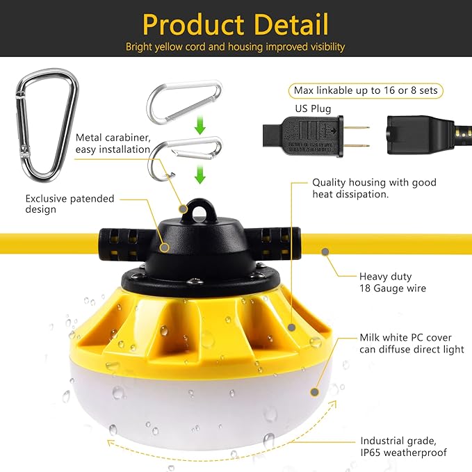 100FT Construction LED String Lights Industrial Grade Best for Construction Sites RenovationPatio Mine cave Outdoor and Other Outdoor Lighting Solutions Use with Hook (100FT -10 Lights)