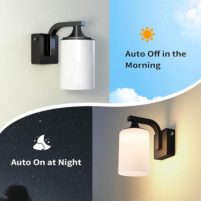 Dusk to Dawn Outdoor Wall Light Sconce Waterproof Aluminum Porch Light Exterior Fixture with Milk Glass Shade for Patio Yard Garden HouseOutside Matte Black