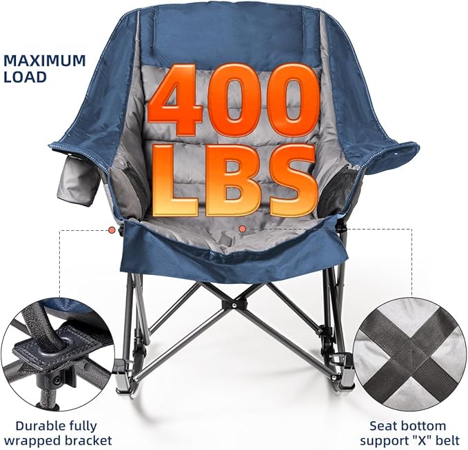 Oversized Rocking Camping Chair for Adults - 400lbs Capacity Padded Camp Chair with Cup Holder Portable Foldable Outdoor Rocker Chair for Camping Backyard Patio (Blue &amp Gray)