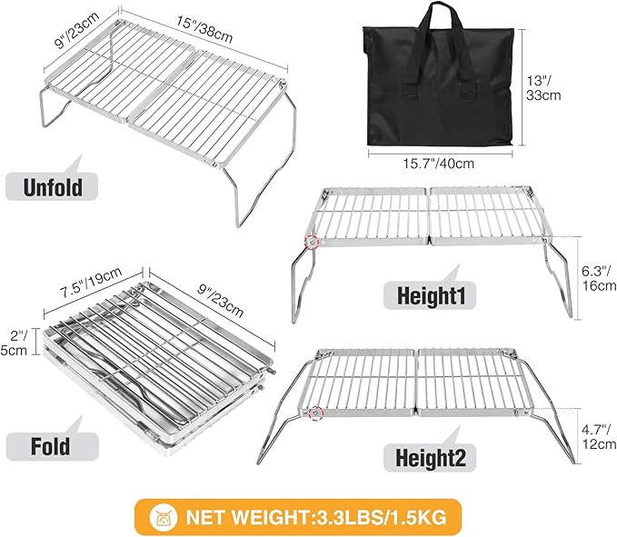 REDCAMP Folding Campfire Grill 304 Stainless Steel Grate Adjustable Height Portable Camping Grill with Carrying Bag for Outdoor Cooking BBQ