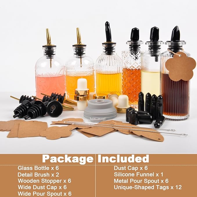 ChezMax Syrup Dispenser Bottles Set of 6 Simple Syrup Bottle for Coffee Bar Accessories 5oz &amp 7oz Glass Coffee Syrup Dispenser Syrup Containers for Maple Honey Syrup Oil Metal Pour Spouts &amp
