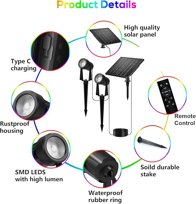 ZYAN Solar Color Changing RGB Spotlights with Remote 12000mAh Separate Monocrystalline Panels &amp USB-C Powered Auto On Off Outdoor IP65 Waterproof for Patio Yard Path (8 Pack)