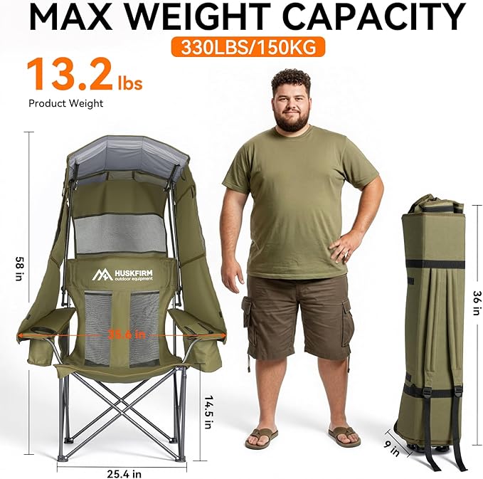 Camping Chair with Canopy Shade - Folding Beach Chair with UPF 50+ Sun Shade Cup Holder Side Pocket Portable Sports Chair for Adults Support 330 LBS Fishing Camp Outdoor Lawn Chair Green