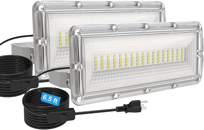 LED Flood Light Outdoor 50W 2 Pack LED Work Light with Plug &amp 6.5 FT Cord 7000LM Security Lights 6500K Daylight White Outdoor Flood Lights IP67 Waterproof Floodlight for Garden Yard