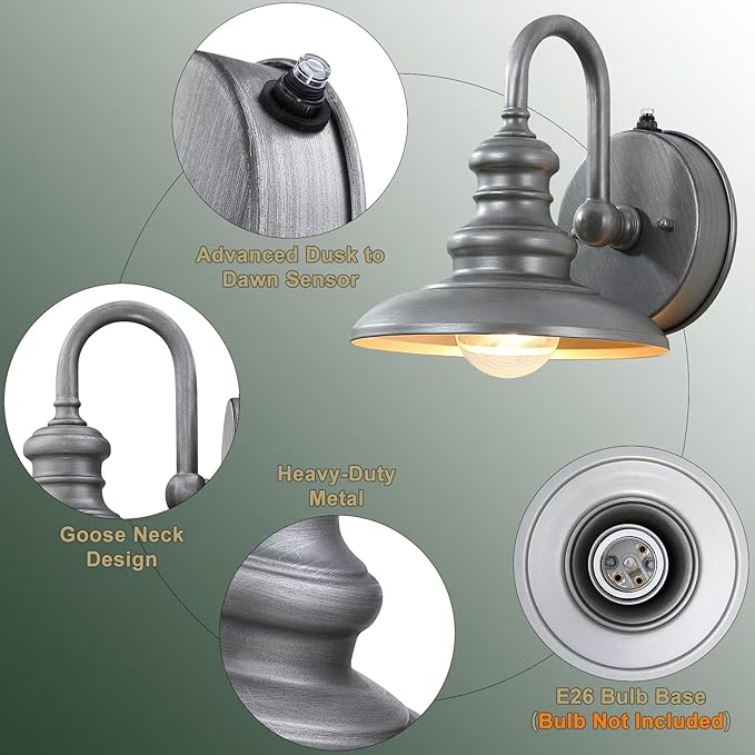 LONEDRUID Dusk to Dawn Sensor Outdoor Gooseneck Barn Light Fixtures Silver Exterior Wall Sconce Lighting Waterproof Outside Porch Lantern Rustic Farmhouse Wall Mount Lamp for House Garage Patio