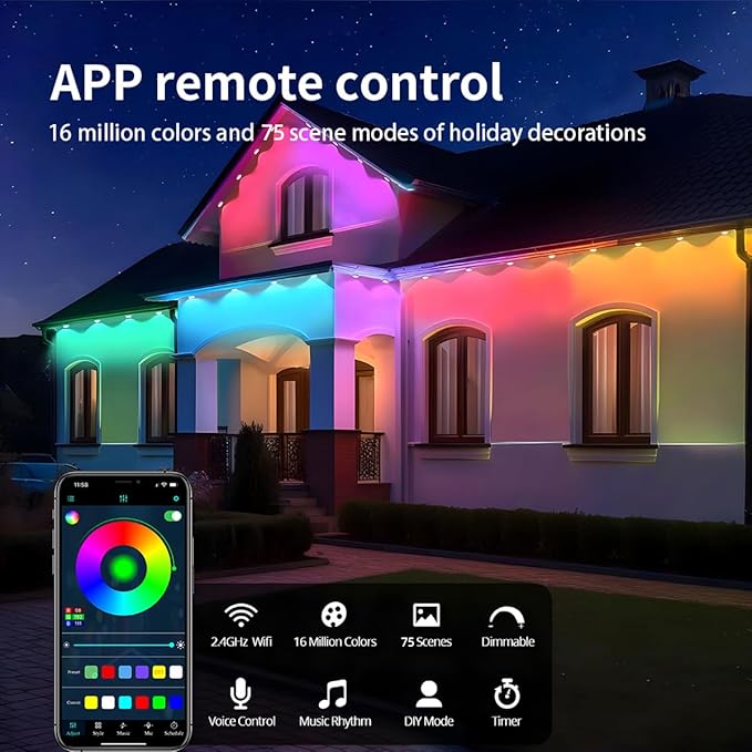 Permanent Outdoor Light100ft with 72 LED Eaves LightsSmart RGB Outdoor Lights with 75 Scene ModesIP67 Waterprooffor Halloween DecorationsChristmasPartywith App and Remote