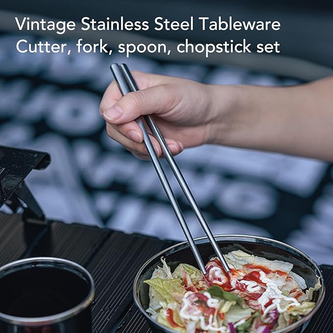 Stainless Steel Tableware Set Vintage Silver Spoon Fork Cutter Chopsticks Portable Cutlery Set with Storage Bag for Travel Picnic Camping Outdoor Dining