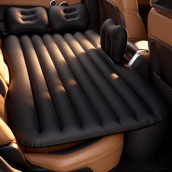 Thickened Inflatable Car Bed Air Mattress with Safety Side Wedge/Built-in Air Pump &amp 2 Pillows/Back Seat Camping Sleeping Pad for SUVs and Sedans/Portable Foldable Airbed for Travel/Black