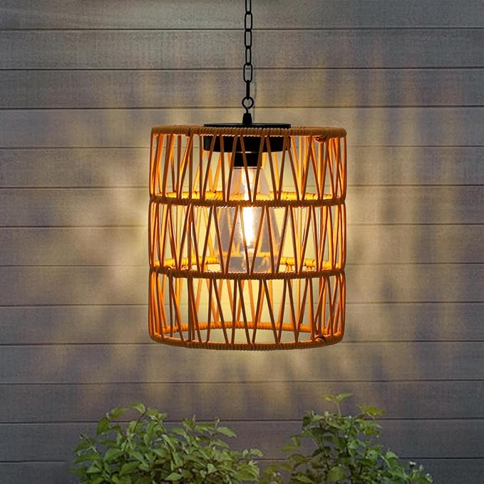 Livinlarge Solar Chandelier LanternOutdoor Rattan Pendant LightsWaterproof Boho Hanging Lamps with Edison Bulb for Gazebo Tree Porch Yard Porch Patio Garden Backyard Decor