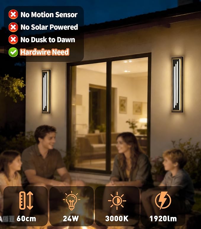 tewei 23.6'' Outdoor Wall Lights Modern Black LED Outdoor Wall Sconce Large Long Exterior Lighting Fixtures 3000K Waterproof Front Porch Lights Outside Lights for House Garage Indoor 2 Pack