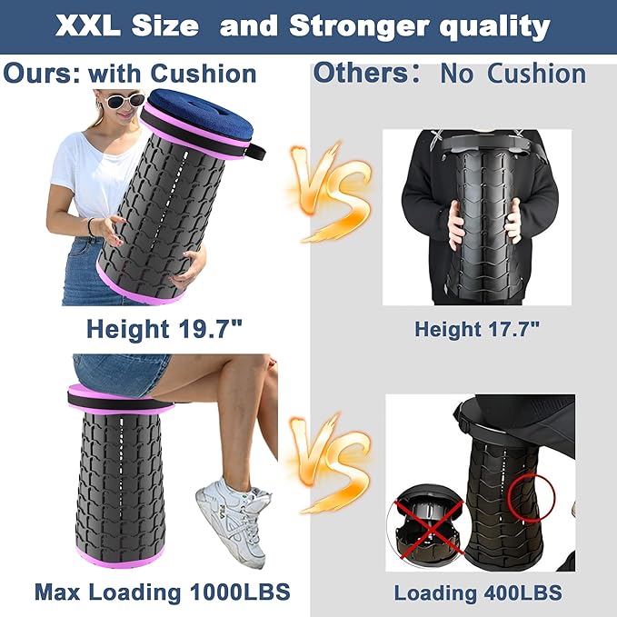 ALEVMOOM Upgraded XXL Collapsible Stool with Cushion 19.71000lbs Max WeightWider &amp Taller Pop Up Seat Heavy Duty Portable Retractable Folding Chair or Travel Foot Rest for Camping &amp Outdoo