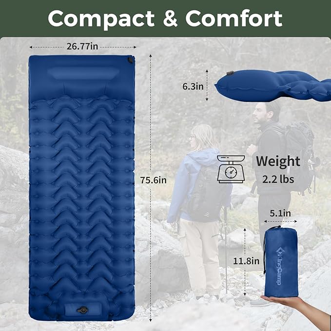 KingCamp Sleeping Pad for Camping Ultralight Connectable Inflatable Sleeping Pad Camping Mattress with 6.3 Built-in Pillow &amp Foot Pump for Backpacking Hiking Tent Cot