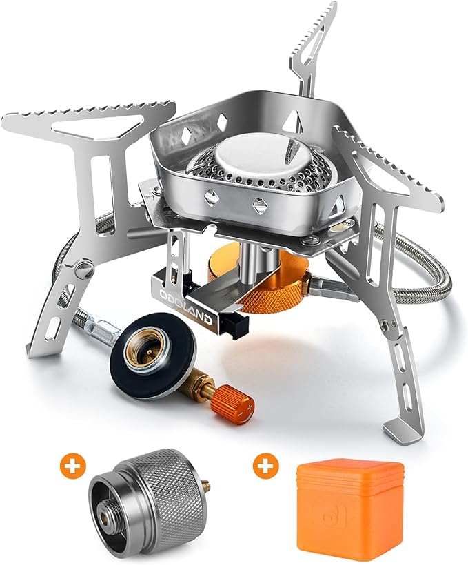 Odoland 3500W/6800W Windproof Camp Stove Camping Gas Stove with Fuel Canister Adapter Piezo Ignition Carry Case Portable Collapsible Stove Burner for Outdoor Backpacking Hiking and Picnic