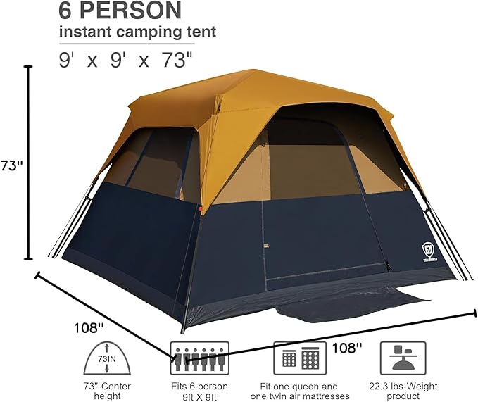 EVER ADVANCED 6 Person Camping Tent Blackout Design Tent for Camping Instant Cabin Tents for Family with Rainfly 60s Easy Setup Water-Resistant