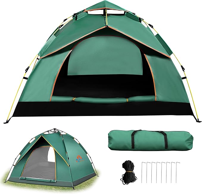 Quick Set Up Waterproof 4-Person Camping Tent with Bug Netting - Instant Pop-Up Tent for Family Camping &amp Hiking | All-Weather 4-Season Outdoor Shelter
