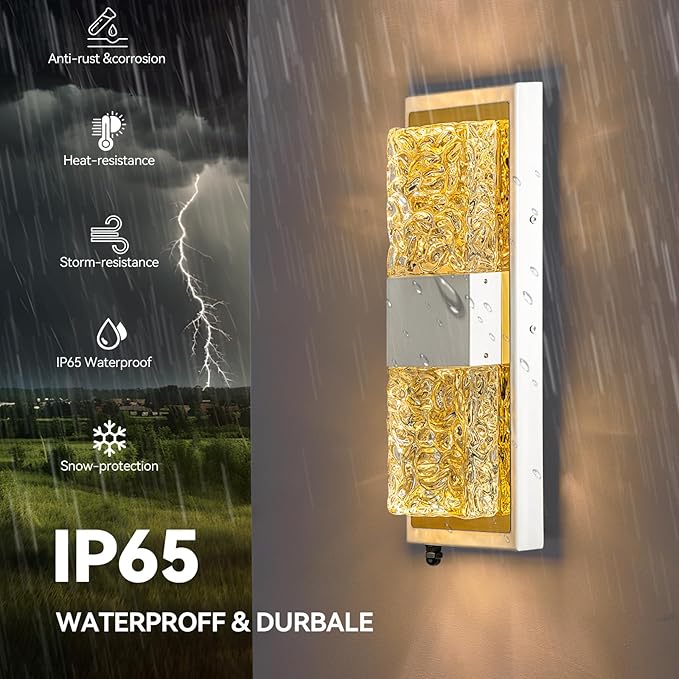 Dusk to Dawn Outdoor LightingExterior Lighting Fixtures IP65 Waterproof Porch Lights Outdoor 12W LED Crystal Modern Outside Wall Sconce for Porch Hallway Doorway Patio14.2'' White&ampGold