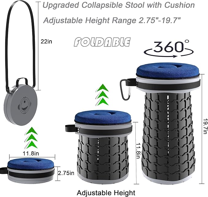 ALEVMOOM Upgraded XXL Collapsible Stool with Cushion 19.71000lbs Max WeightWider &amp Taller Seat Heavy Duty Portable Retractable Folding Chair or Travel Foot for Camping &amp Outdoors(Grey)