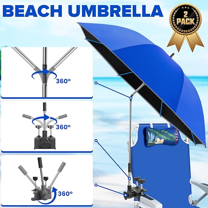 Beach Umbrella2PACK 48.7inch Chair Umbrella with Clamp adjustable 360°UV Protection Large Camping Chair Umbrellas for Camping chair Glof CartTable（ChairTable not include）