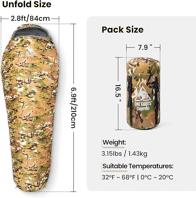 OneTigris Light Patrol 4 Season Mummy Sleeping Bag 32°F Cold Weather Camping Bags for Camping Hiking Backpacking Survival Gear