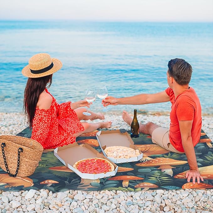 Waterproof Sandproof Beach Blanket 59''×68'' Vegetables Polyester Outdoor Picnic Blanket with 4 Stakes &amp Storage Bag for BeachCampingVacation Umbrella Mushrooms