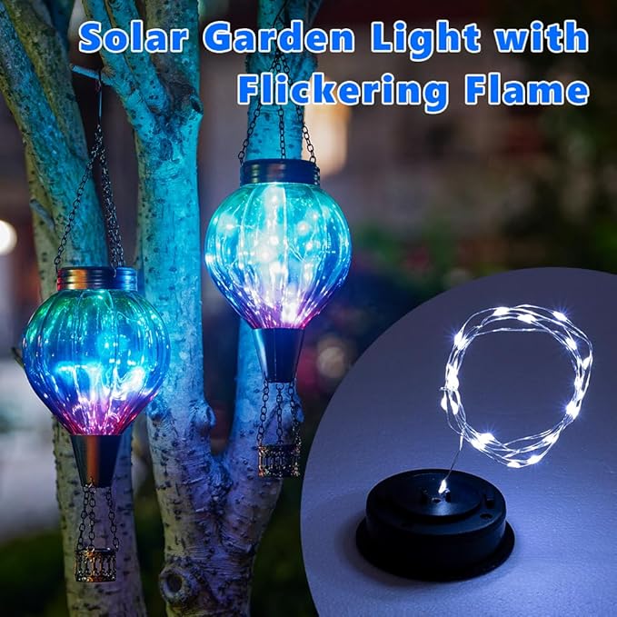 2 Pack Solar Balloon Lanterns Hanging Lights Hot Air Balloon Solar Lantern Outdoor Waterproof Decor for Garden Patio Yard Art Glass Lanterns Mother's Day Gifts(Gradient Green)