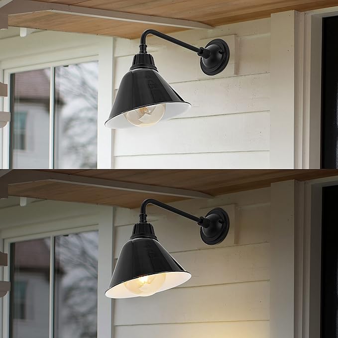 JONATHAN Y 9.63 Black 1-Light Farmhouse Outdoor Sconce Industrial LED Wall Light Gooseneck Arm Barn Lamp with Metal Bell Shade for Porch Patio Kitchen LED Bulb Included (JYL7612B)