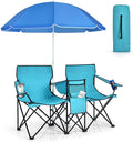 KOTEK Double Camping Chair Folding Camp Chair with Removable Umbrella Cup Holders Cooler Bag Side Pocket &amp Carry Bag 2-Person Beach Chair for Outdoor Sports Concerts Travel Picnic (Turquo