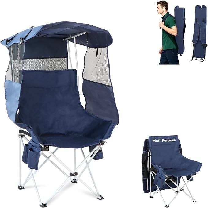 Folding Camping Chairs Canopy Outdoor: Sports Portable Beach Chair with Canopy-Lawn Beach Chairs with Umbrella for Adults-Camping Chair with Shade for Fishing Camp Heavy Duty (Regular Navy Blue)