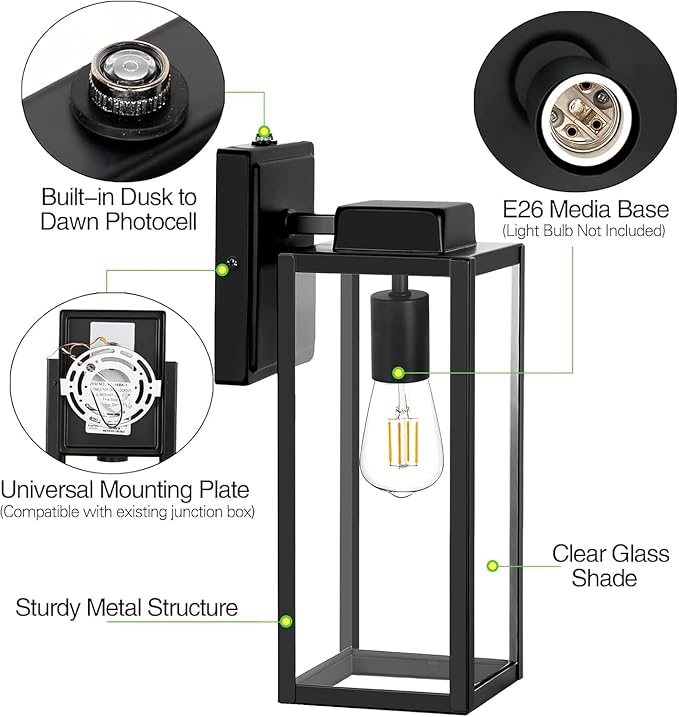 hykolity Large Outdoor Wall Light 16 Inch Lantern Dusk to Dawn Exterior Waterproof Sconce Anti-Rust Mounted Lighting with Glass Shade Matte Black Lamp with E26 Socket for Porch 2 Pack