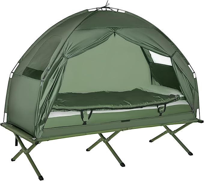 Outsunny Camping Tent Cot Folding Tent Cot Combo with Mattress Pillow Sleeping Bag Roller Carrying Bag Off Ground Travel Camp Cot for Hiking Backpacking