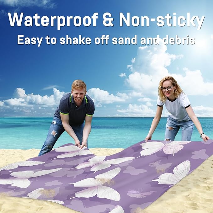 Waterproof Sandproof Beach Blanket 59''×68'' White Butterfly Polyester Outdoor Picnic Blanket with 4 Stakes &amp Storage Bag for BeachCampingVacation Purple Bottom