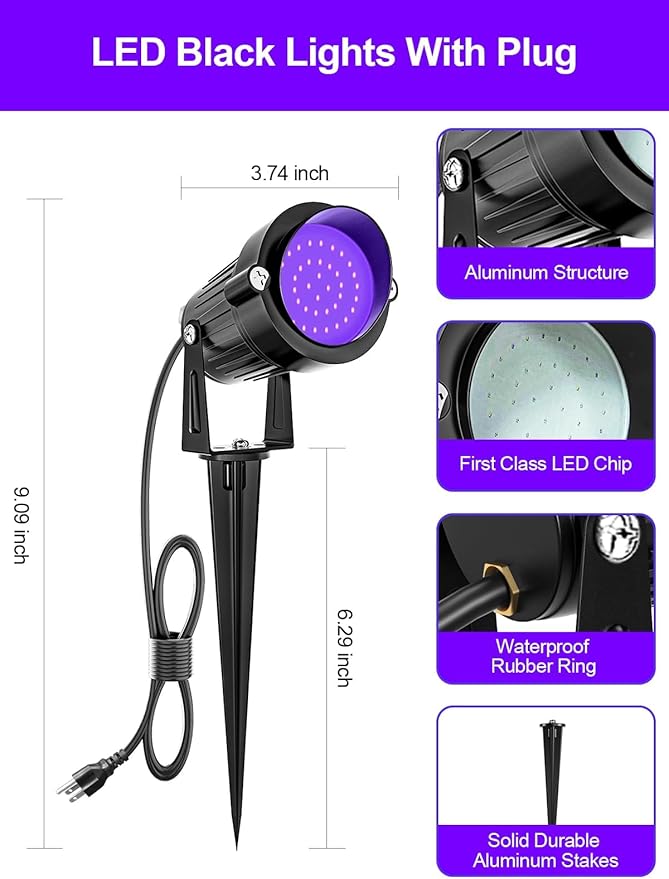 ZUCKEO Blacklight Spotlight Outdoor 15W Halloween Black Light Spot Light with US Plug IP66 Landscape Black Lights Fixtures for Glow Party Fluorescent Yard Garden House Decorating(6Pack)