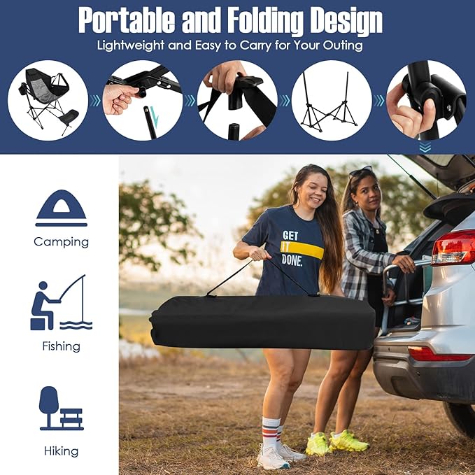 Giantex Outdoor Hammock Camping Chair - Rocking Chair with Removable Footrest Adjustable Backrest Pillow Cup Holder Storage Bag Portable Fishing Chair for Poolside Patio Folding Chair (2 Black)