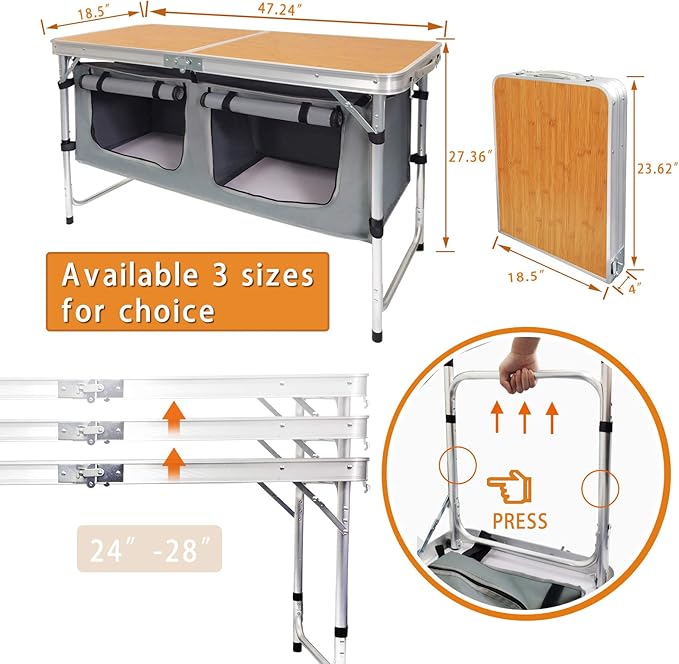 CampLand Outdoor Folding Table Aluminum Lightweight Height Adjustable with Storage Organizer for BBQ Party Camping
