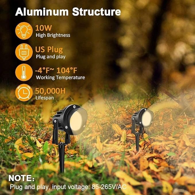 Romwish 120V LED Landscape Spotlights 10W Outdoor Spotlights for Yard 3000K Warm White 120V AC Spot Light with Ground Spike Waterproof Landscape Lighting for House Garden Lawn Decorative - 4 Pack
