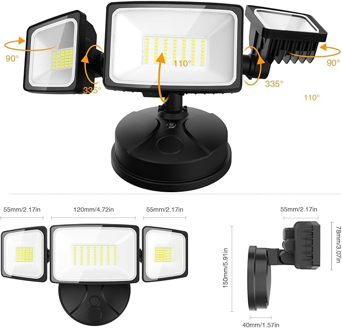 Onforu 75W Flood Lights Outdoor 7000LM Brightness Security Lights Switch Controlled 3 Adjustable Heads IP65 Waterproof 6500K Wall Mount Exterior LED Flood Light