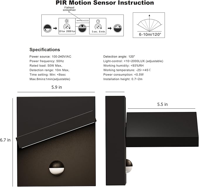 Lustrlach Motion Sensor Outdoor Wall Light Fixture LED Exterior Wall Mount Porch Light with Adjustable Lamp Head for HousePatioGarden3000K Dark Grey