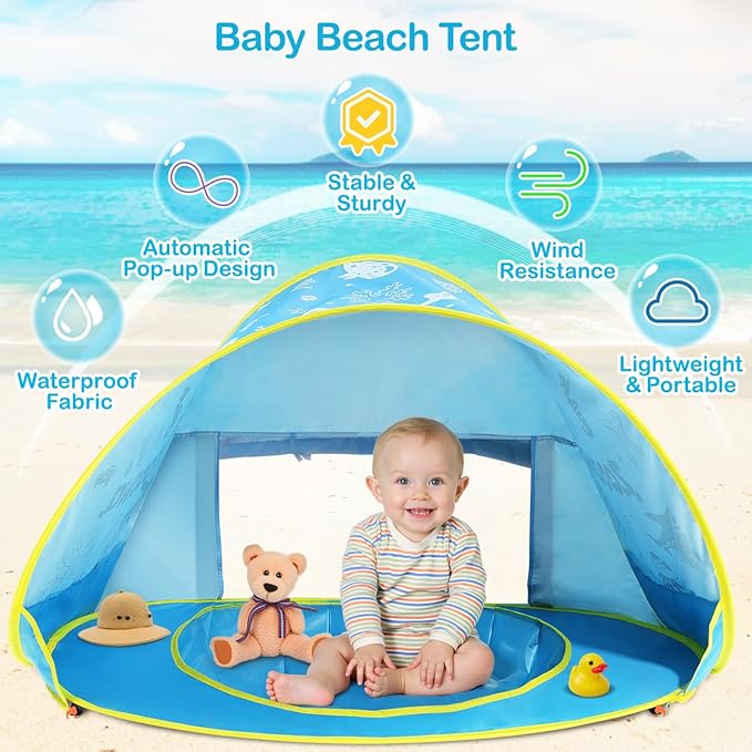 Zooawa Baby Beach Tent Pop Up Beach Tent Sun Shade for Beach Portable Shade Pool UV Protection Sun Shelter for Infant with Beach Sand Toys Set