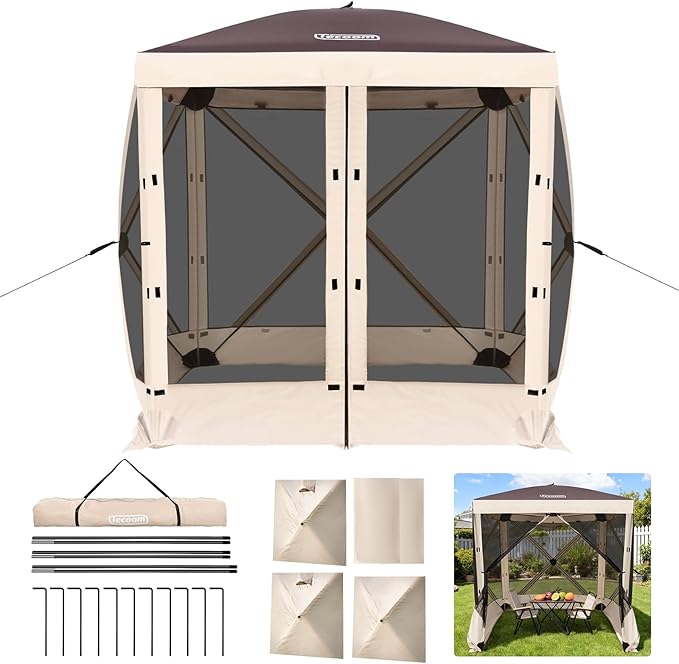Tecoom 6x6ft 4-Sided Pop Up Gazebo Tent Canopy Shelter Tent with Mesh Windows for Camping Portable Shade Tents with Siedwalls Carrying Bag and Stakes for Outdoor Garden Lawn and Backyard
