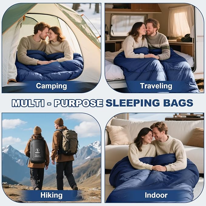 0 Degree Flannel Double Sleeping Bag for Adults Couples or Family - Winter Queen Size Waterproof &amp Warm 2-Person Sleeping Bag for Cold Weather Camping RV Travel